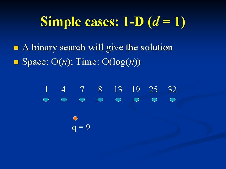 Simple cases: 1 -D (d = 1) A binary search will give the solution
