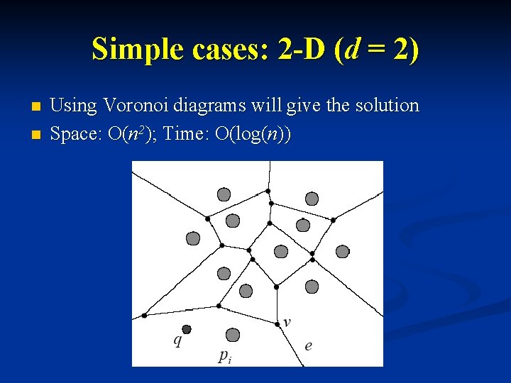 Simple cases: 2 -D (d = 2) n n Using Voronoi diagrams will give