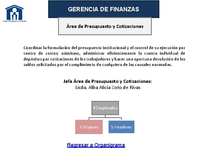 GERENCIA DE FINANZAS Área de Presupuesto y Cotizaciones Coordinar la formulación del presupuesto institucional