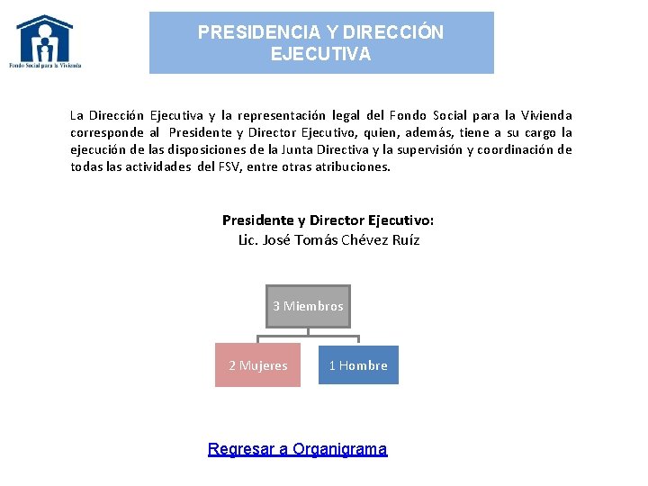 PRESIDENCIA Y DIRECCIÓN EJECUTIVA La Dirección Ejecutiva y la representación legal del Fondo Social