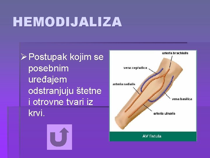 HEMODIJALIZA Ø Postupak kojim se posebnim uređajem odstranjuju štetne i otrovne tvari iz krvi.
