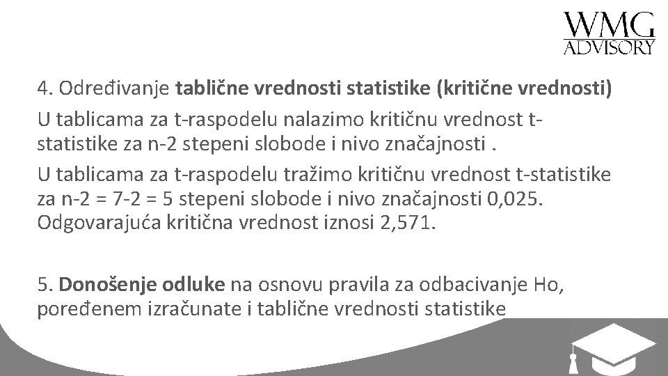 4. Određivanje tablične vrednosti statistike (kritične vrednosti) U tablicama za t-raspodelu nalazimo kritičnu vrednost