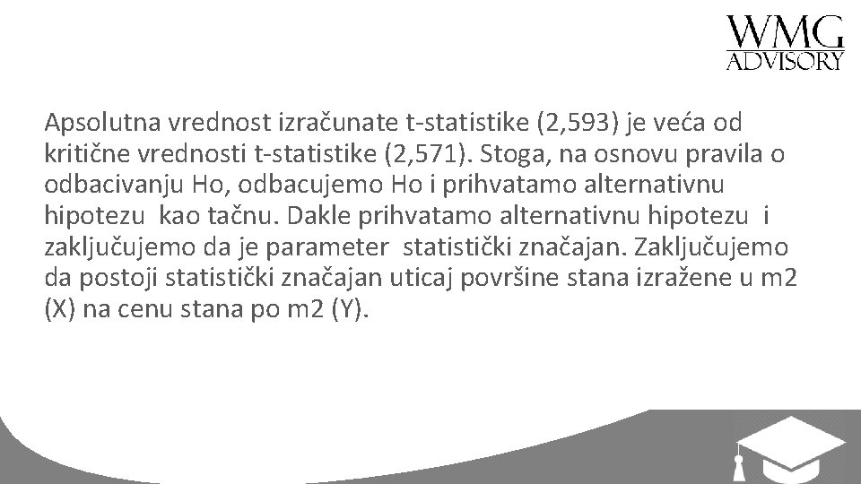 Apsolutna vrednost izračunate t-statistike (2, 593) je veća od kritične vrednosti t-statistike (2, 571).