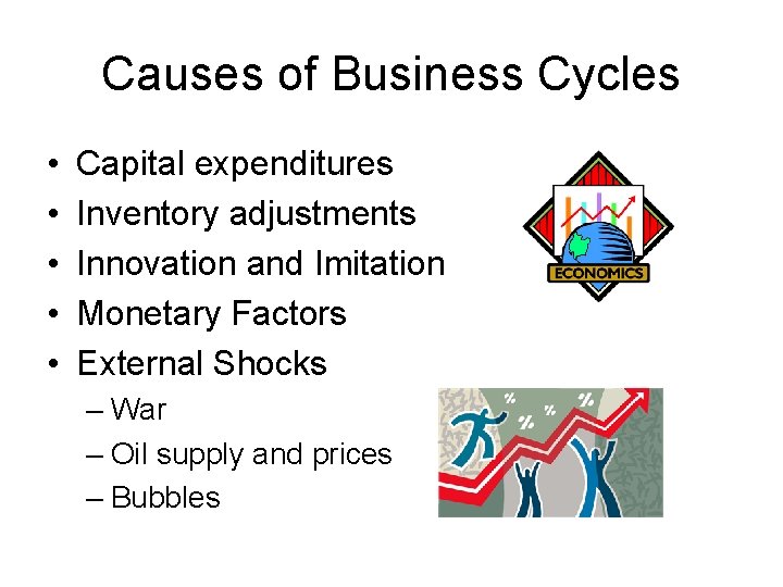 Causes of Business Cycles • • • Capital expenditures Inventory adjustments Innovation and Imitation