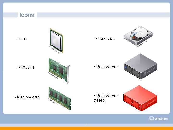 Icons • Hard Disk • CPU • Rack Server • NIC card • Rack