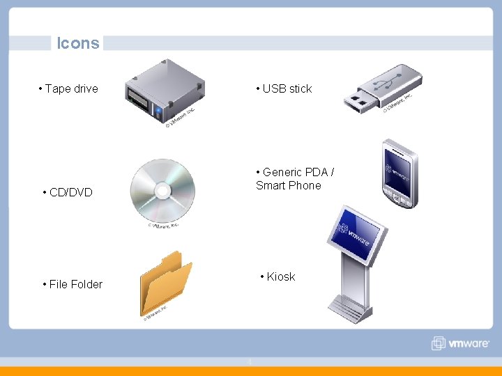 Icons • Tape drive • USB stick • Generic PDA / Smart Phone •