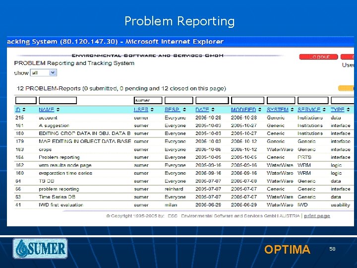 Problem Reporting OPTIMA 58 