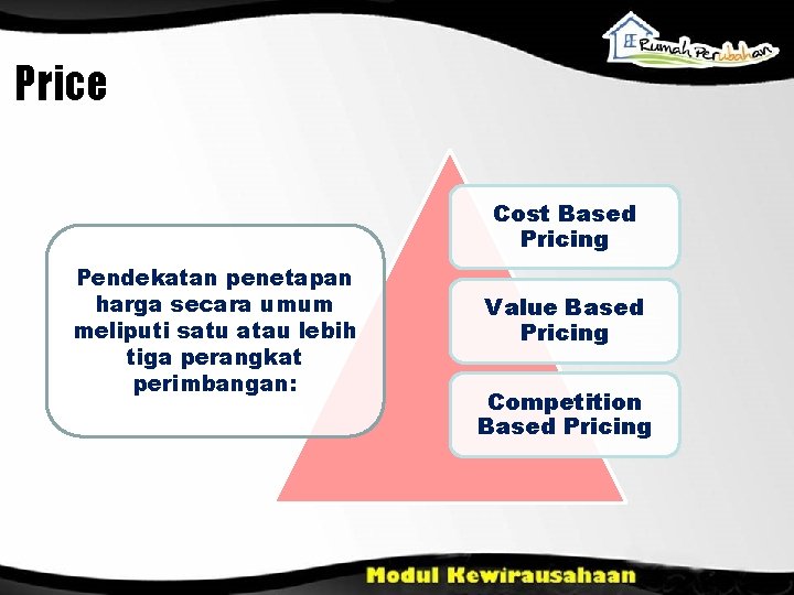 Price Cost Based Pricing Pendekatan penetapan harga secara umum meliputi satu atau lebih tiga