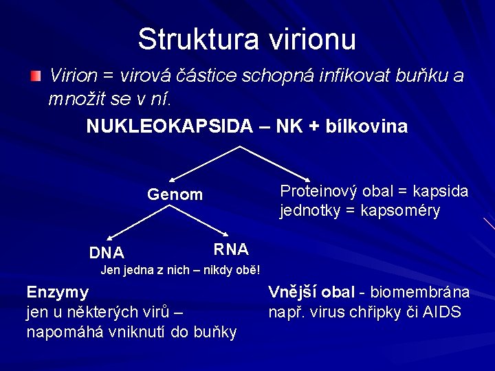 Struktura virionu Virion = virová částice schopná infikovat buňku a množit se v ní.
