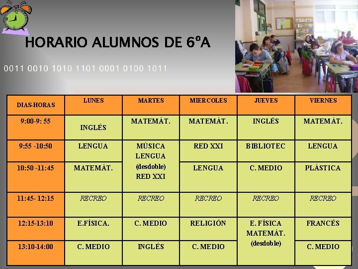 HORARIO ALUMNOS DE 6ºA DIAS-HORAS 9: 00 -9: 55 LUNES INGLÉS MARTES MIERCOLES JUEVES