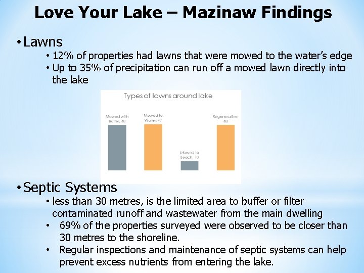 Love Your Lake – Mazinaw Findings • Lawns • 12% of properties had lawns