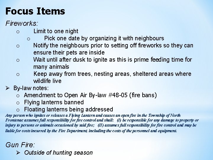 Focus Items Fireworks: Limit to one night o Pick one date by organizing it