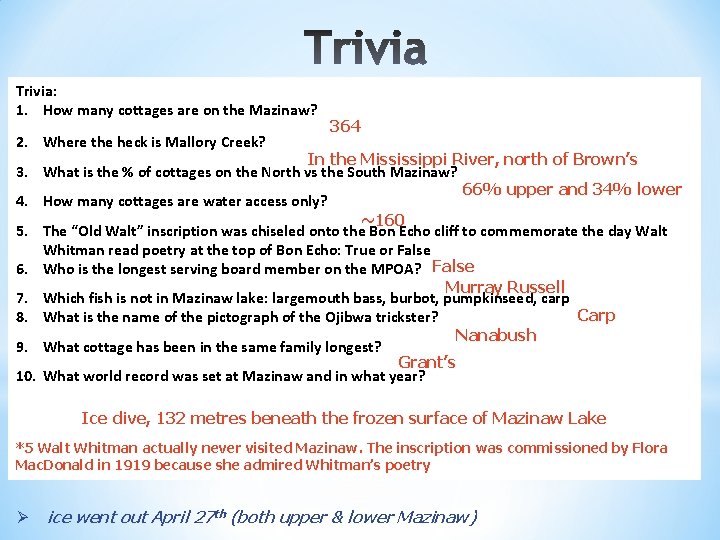 Trivia: 1. How many cottages are on the Mazinaw? 2. Where the heck is