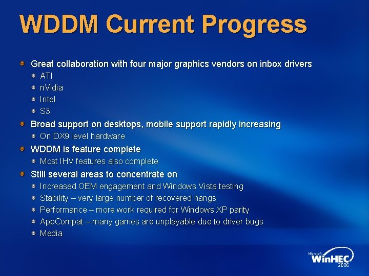 WDDM Current Progress Great collaboration with four major graphics vendors on inbox drivers ATI