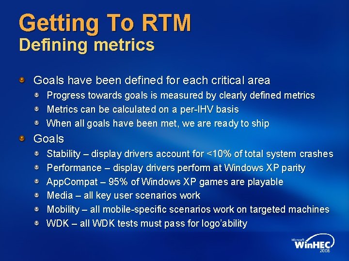 Getting To RTM Defining metrics Goals have been defined for each critical area Progress