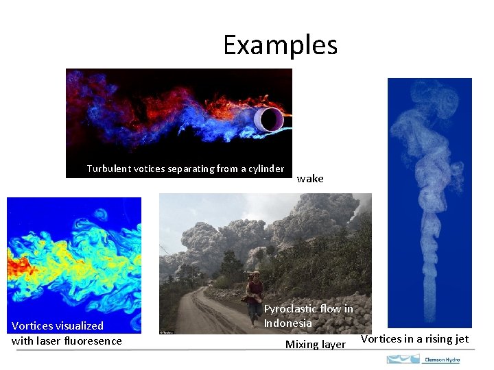 Examples Turbulent votices separating from a cylinder Vortices visualized with laser fluoresence wake Pyroclastic