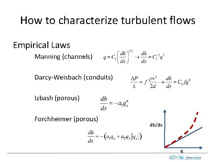 How to characterize turbulent flows Empirical Laws Manning (channels) Darcy-Weisbach (conduits) Izbash (porous) Forchheimer