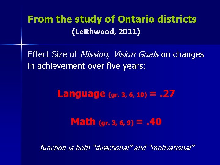 From the study of Ontario districts (Leithwood, 2011) Effect Size of Mission, Vision Goals