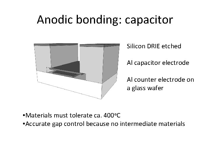 Anodic bonding: capacitor Silicon DRIE etched Al capacitor electrode Al counter electrode on a