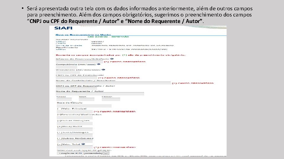  • Será apresentada outra tela com os dados informados anteriormente, além de outros