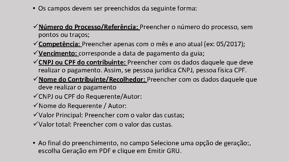  • Os campos devem ser preenchidos da seguinte forma: üNúmero do Processo/Referência: Preencher