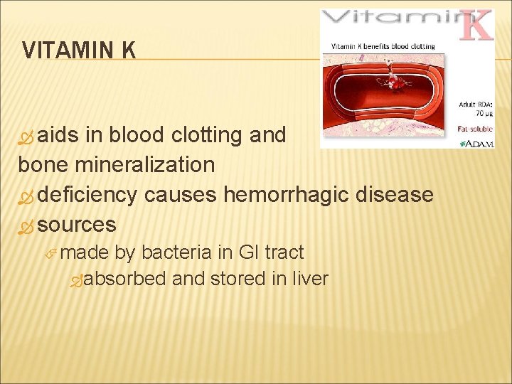 VITAMIN K aids in blood clotting and bone mineralization deficiency causes hemorrhagic disease sources