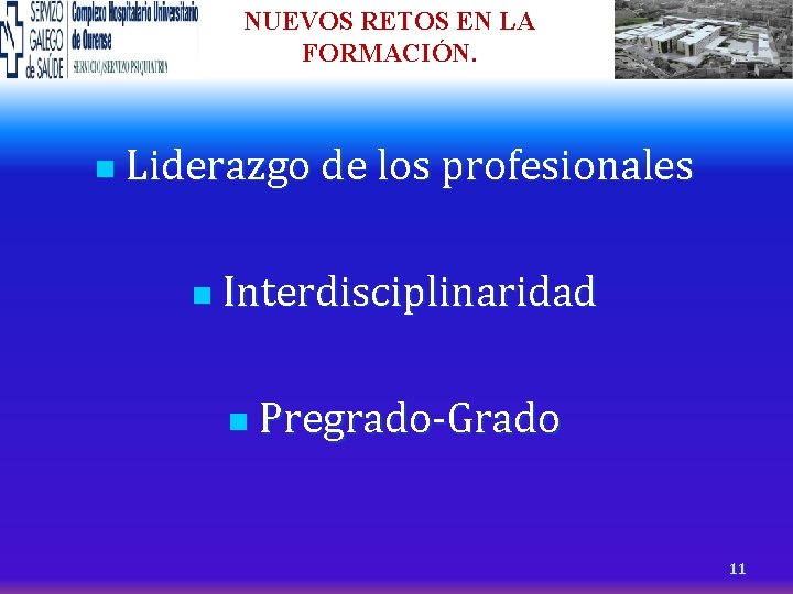 NUEVOS RETOS EN LA FORMACIÓN. n Liderazgo de los profesionales n Interdisciplinaridad n Pregrado-Grado