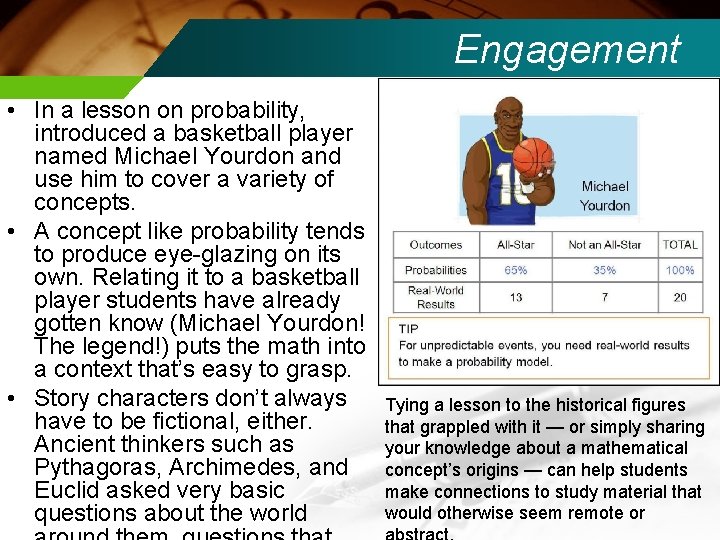 Engagement • In a lesson on probability, introduced a basketball player named Michael Yourdon