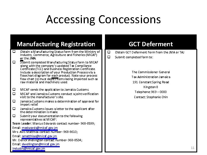 Accessing Concessions Manufacturing Registration Obtain a Manufacturing Status form from the Ministry of Industry,