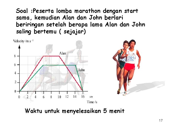 Soal : Peserta lomba marathon dengan start sama, kemudian Alan dan John berlari beriringan