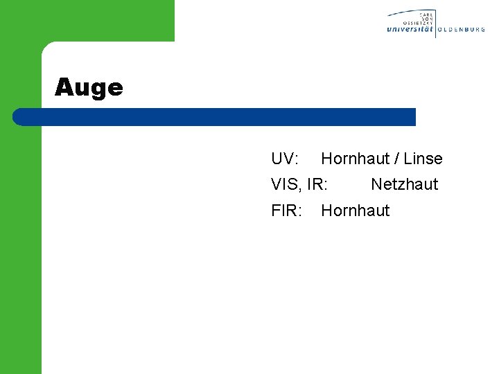 Auge UV: Hornhaut / Linse VIS, IR: FIR: Netzhaut Hornhaut 