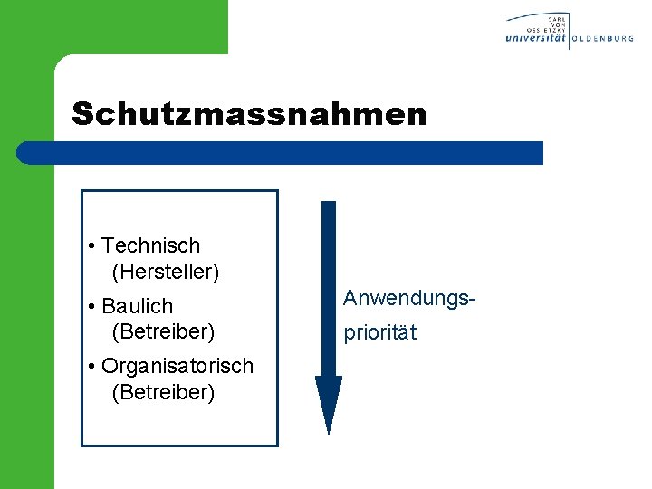 Schutzmassnahmen • Technisch (Hersteller) • Baulich (Betreiber) • Organisatorisch (Betreiber) Anwendungspriorität 