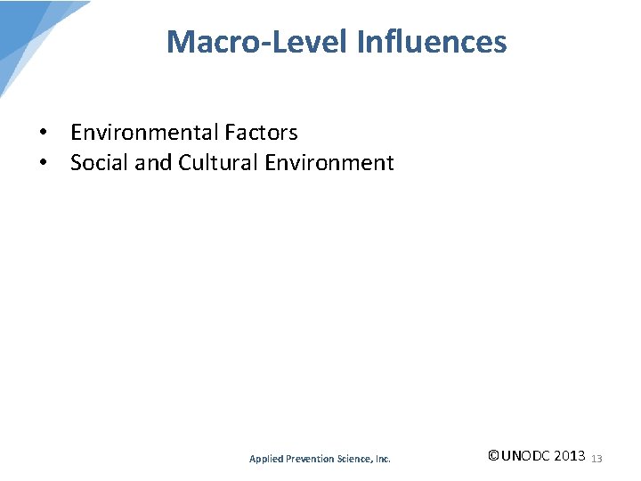 Macro-Level Influences • Environmental Factors • Social and Cultural Environment Applied Prevention Science, Inc.