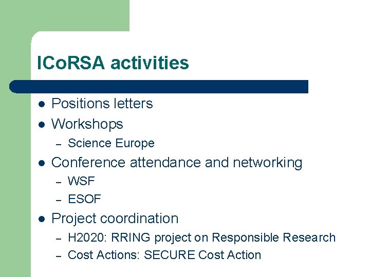 ICo. RSA activities l l Positions letters Workshops – l Conference attendance and networking