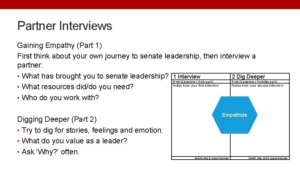 Partner Interviews Gaining Empathy (Part 1) First think about your own journey to senate