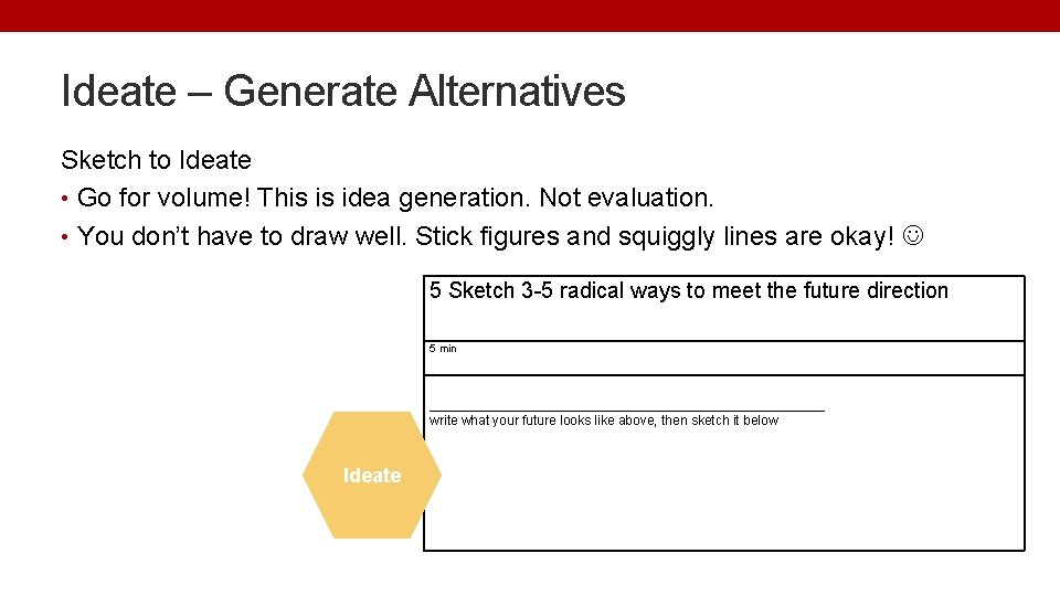 Ideate – Generate Alternatives Sketch to Ideate • Go for volume! This is idea