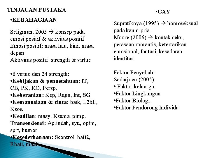 TINJAUAN PUSTAKA • KEBAHAGIAAN Seligman, 2005 konsep pada emosi positif & aktivitas positif Emosi