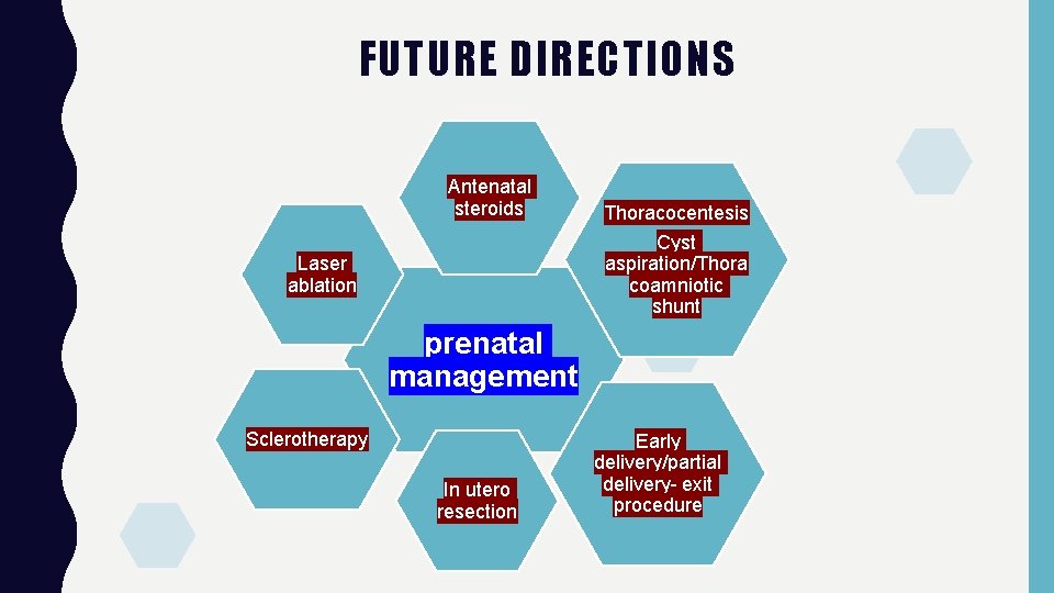 FUTURE DIRECTIONS Antenatal steroids Thoracocentesis Cyst aspiration/Thora coamniotic shunt Laser ablation prenatal management Sclerotherapy