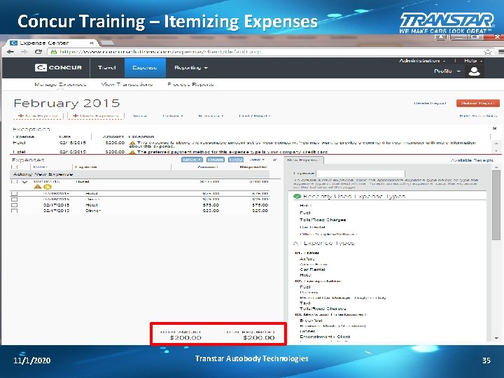 Concur Training – Itemizing Expenses 11/1/2020 Transtar Autobody Technologies 35 