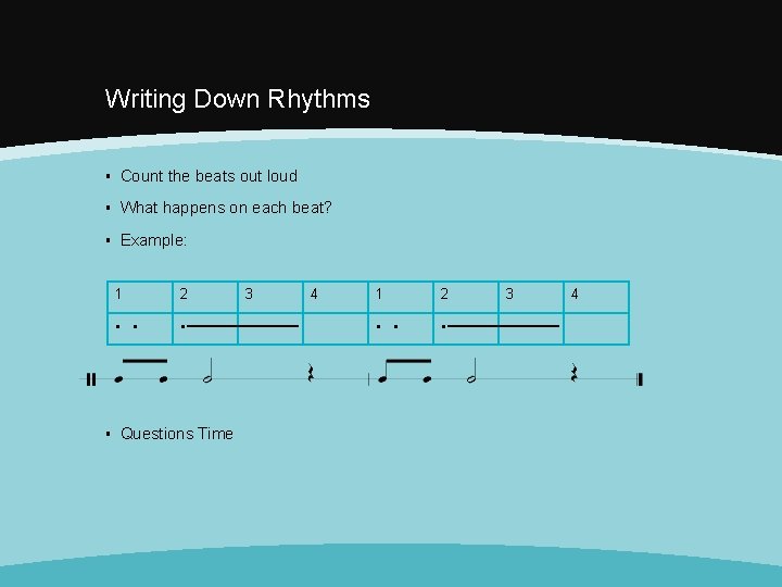 Writing Down Rhythms ▪ Count the beats out loud ▪ What happens on each