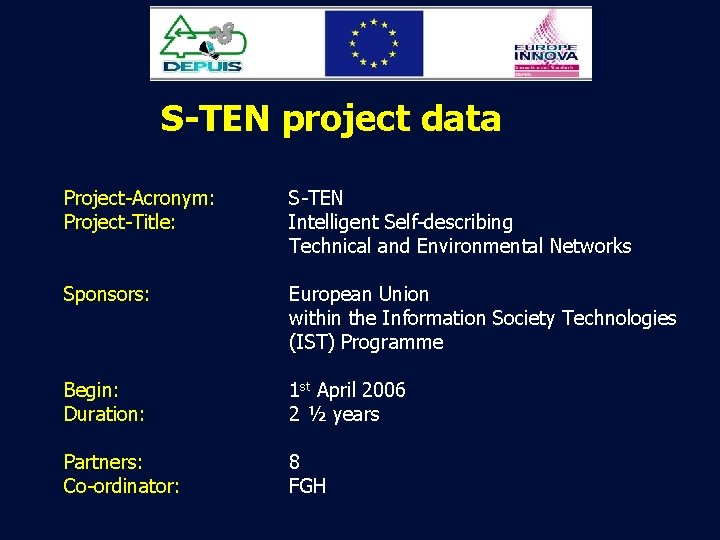 S-TEN project data Project-Acronym: Project-Title: S-TEN Intelligent Self-describing Technical and Environmental Networks Sponsors: European