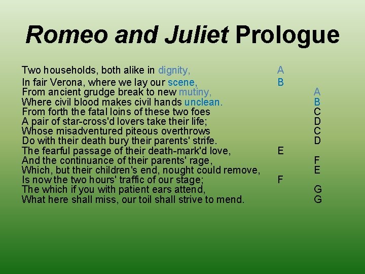 Romeo and Juliet Prologue Two households, both alike in dignity, In fair Verona, where