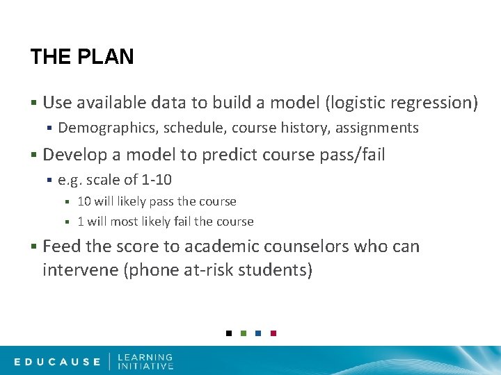 THE PLAN § Use available data to build a model (logistic regression) § §