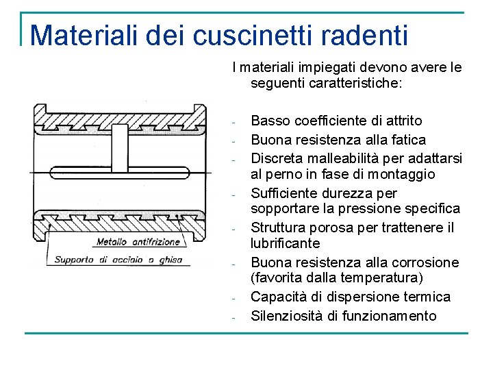 Materiali dei cuscinetti radenti I materiali impiegati devono avere le seguenti caratteristiche: - Basso