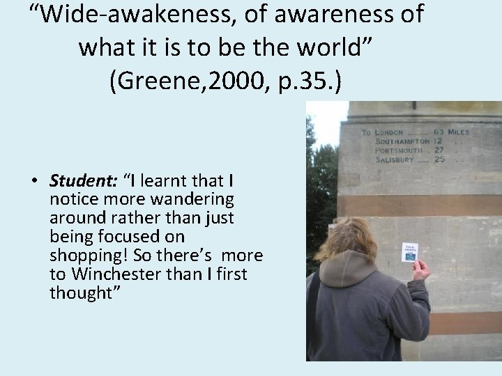 “Wide-awakeness, of awareness of what it is to be the world” (Greene, 2000, p.