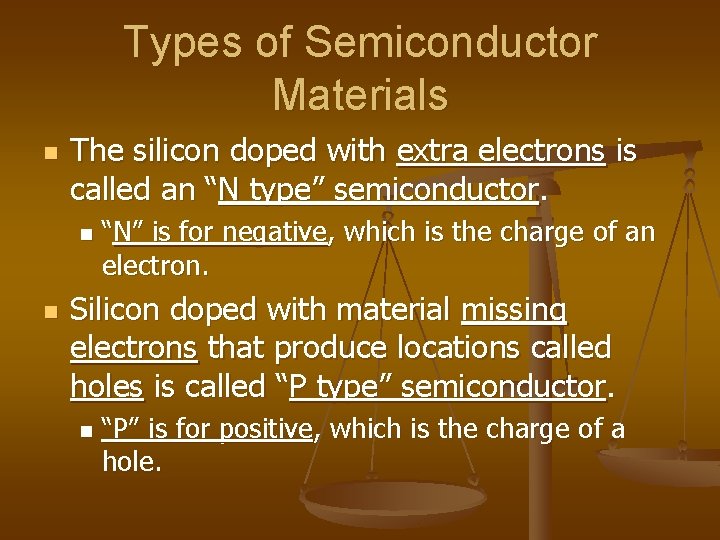 Types of Semiconductor Materials n The silicon doped with extra electrons is called an
