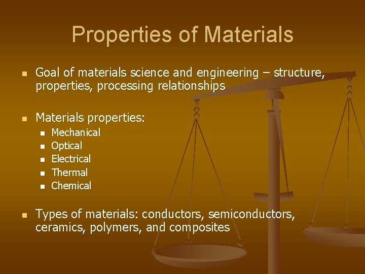 Properties of Materials n n Goal of materials science and engineering – structure, properties,