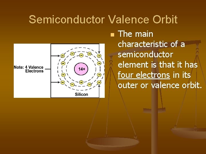 Semiconductor Valence Orbit n The main characteristic of a semiconductor element is that it