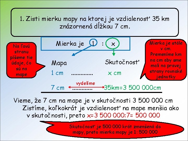 1. Zisti mierku mapy na ktorej je vzdialenosť 35 km znázornená dĺžkou 7 cm.