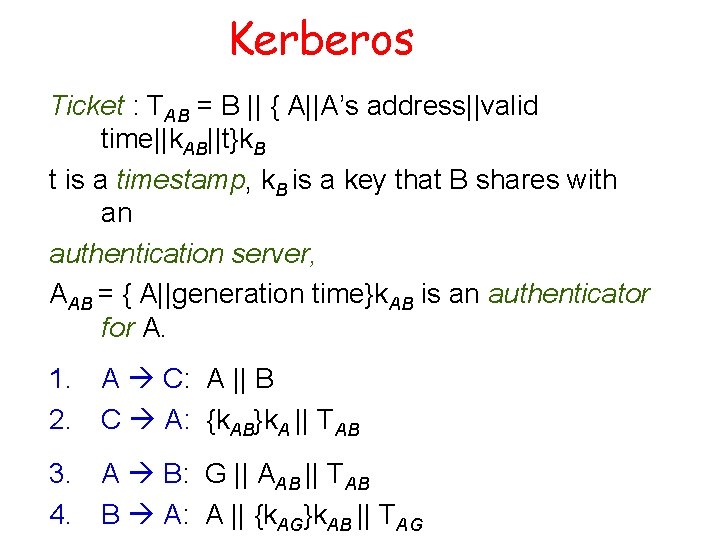 Kerberos Ticket : TAB = B || { A||A’s address||valid time||k. AB||t}k. B t